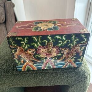 Late 19th Century Antique Chinese Tibetan? Wooden Painted Wedding -Document Box